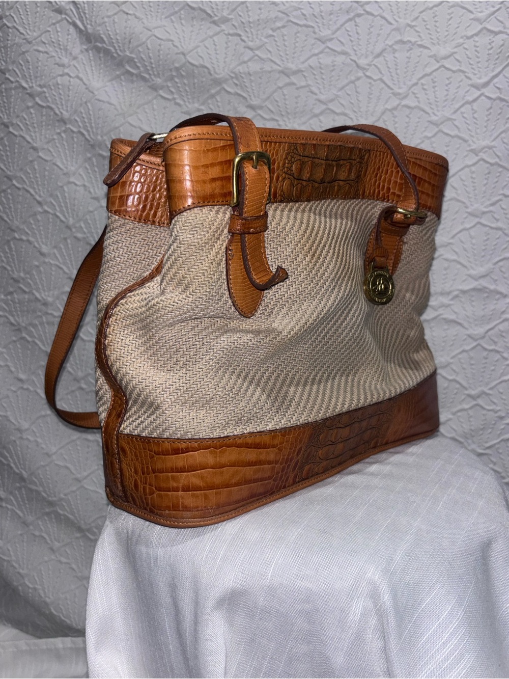 Brahmin Tan Woven Canvas Croc Embossed Leather Shoulder Bag Purse